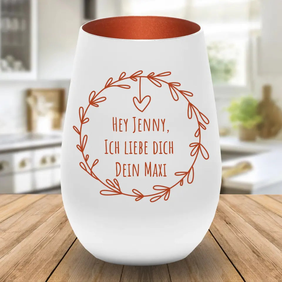 Windlicht - Kranz mit Herz und eigenem Text