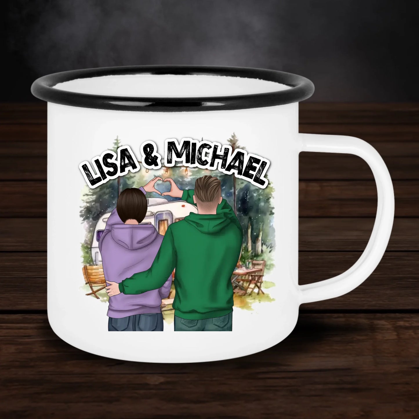 Personalisierte Emaille-Tasse Pärchen - Herzhände - beidseitig bedruckt