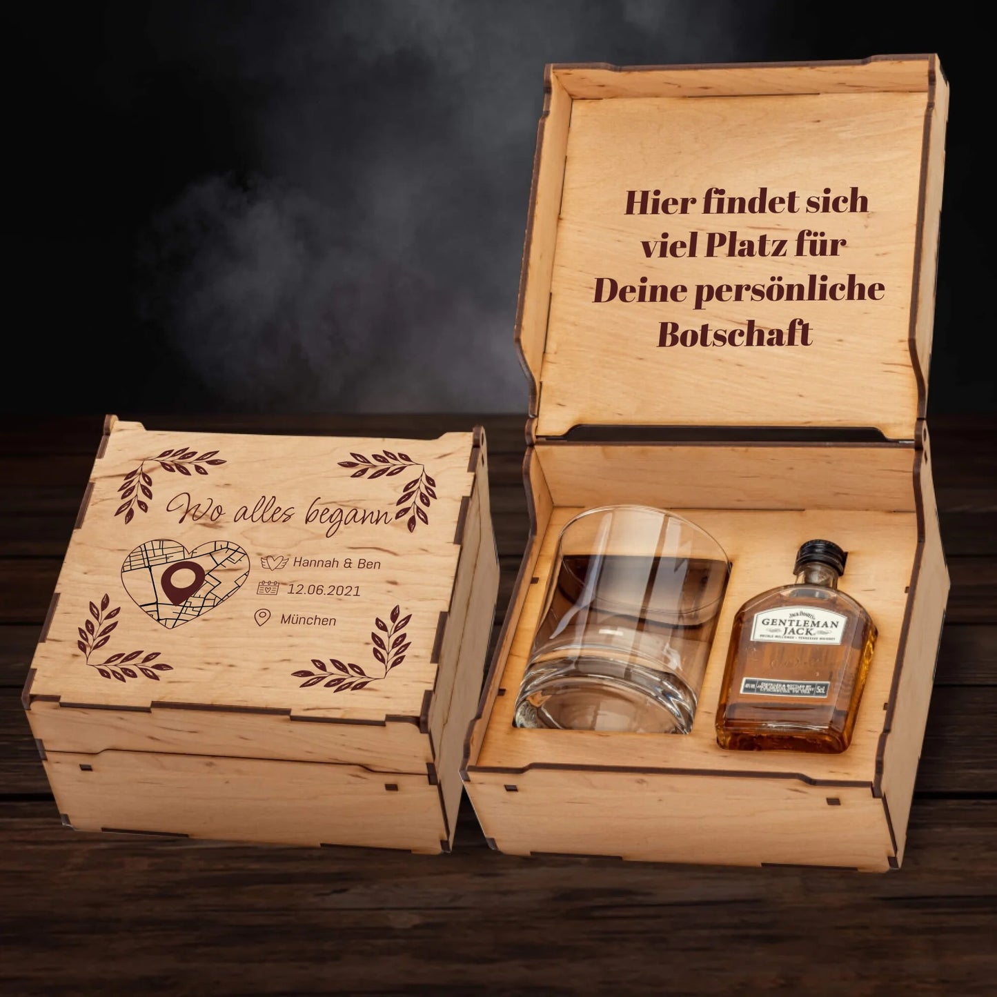 Jack Daniels Geschenkbox - Wo alles begann mit Karte & Daten - Personalisierbar