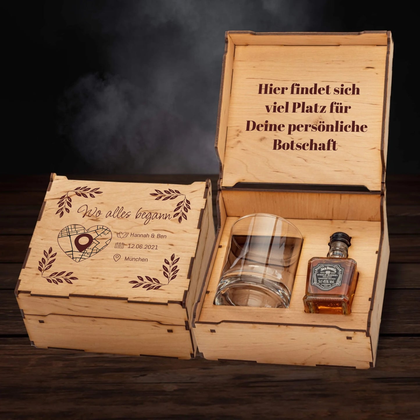 Jack Daniels Geschenkbox - Wo alles begann mit Karte & Daten - Personalisierbar