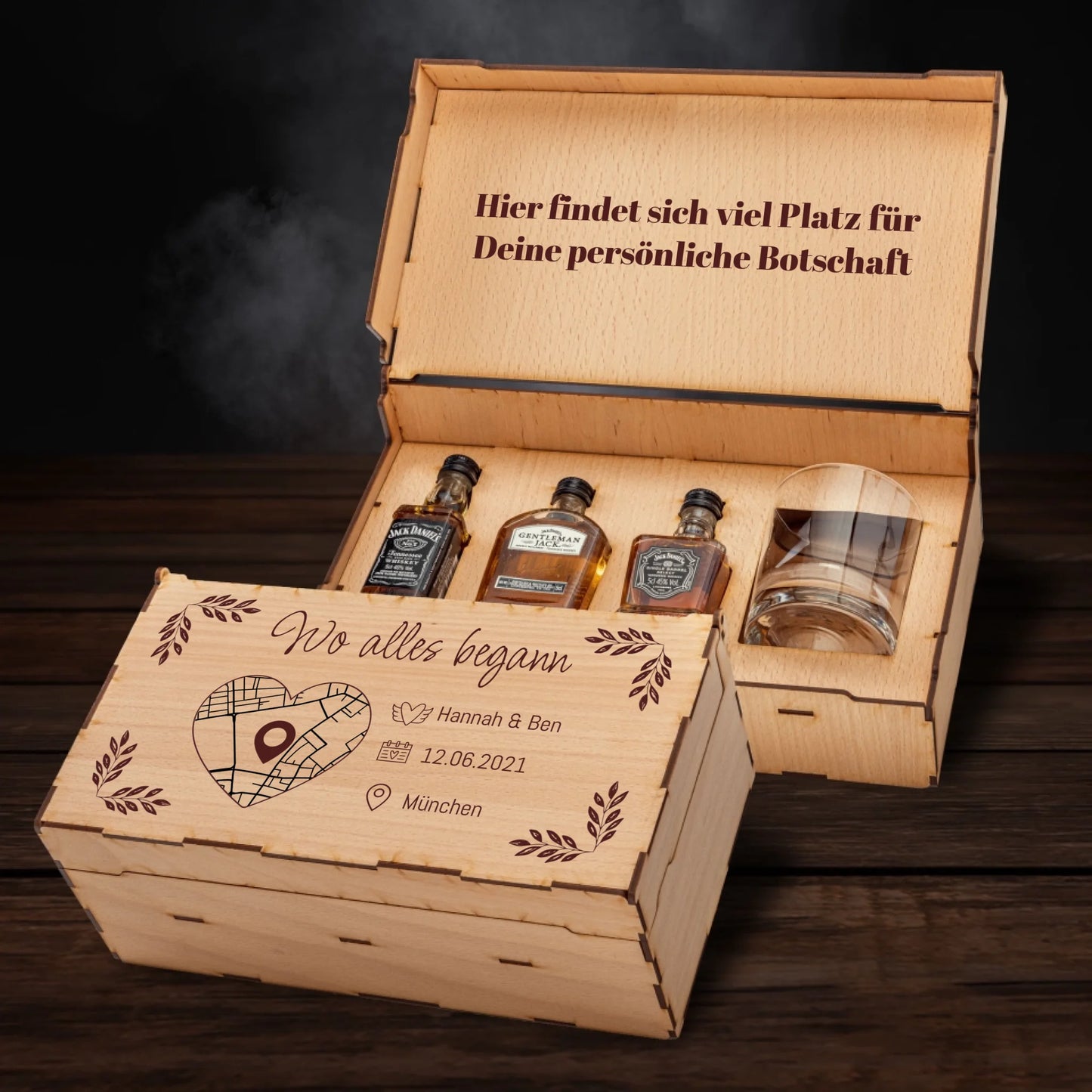 Jack Daniels Geschenkbox - Wo alles begann mit Karte & Daten - Personalisierbar