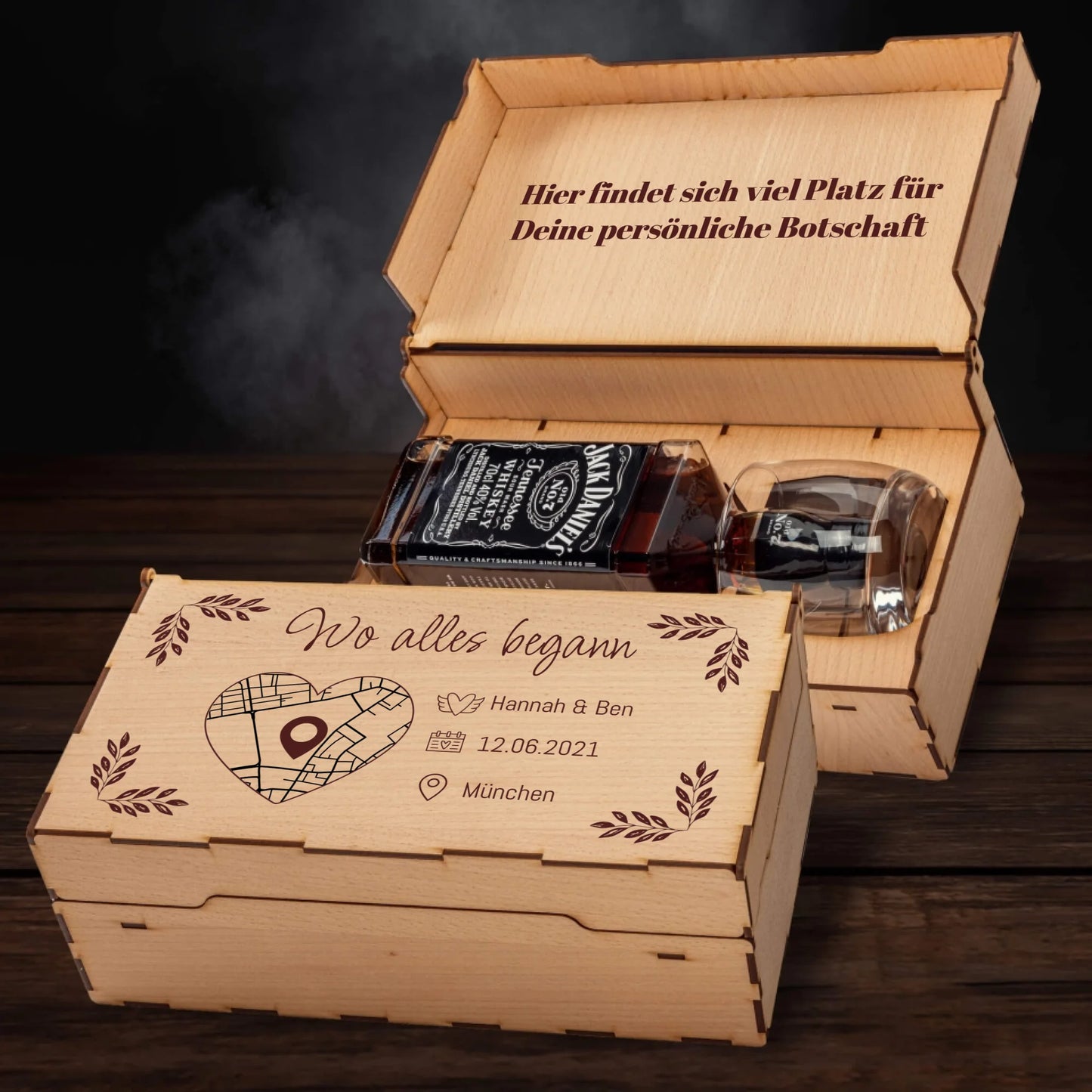 Jack Daniels Geschenkbox - Wo alles begann mit Karte & Daten - Personalisierbar
