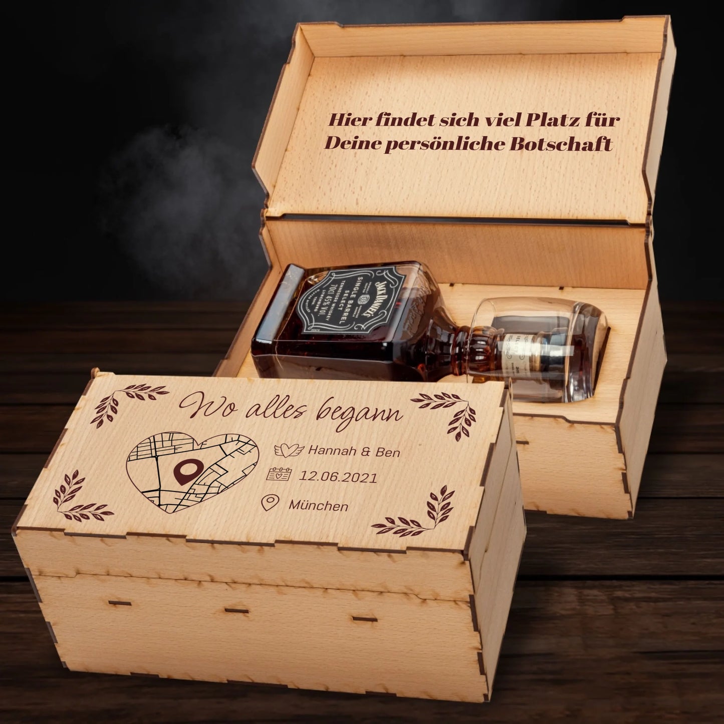 Jack Daniels Geschenkbox - Wo alles begann mit Karte & Daten - Personalisierbar