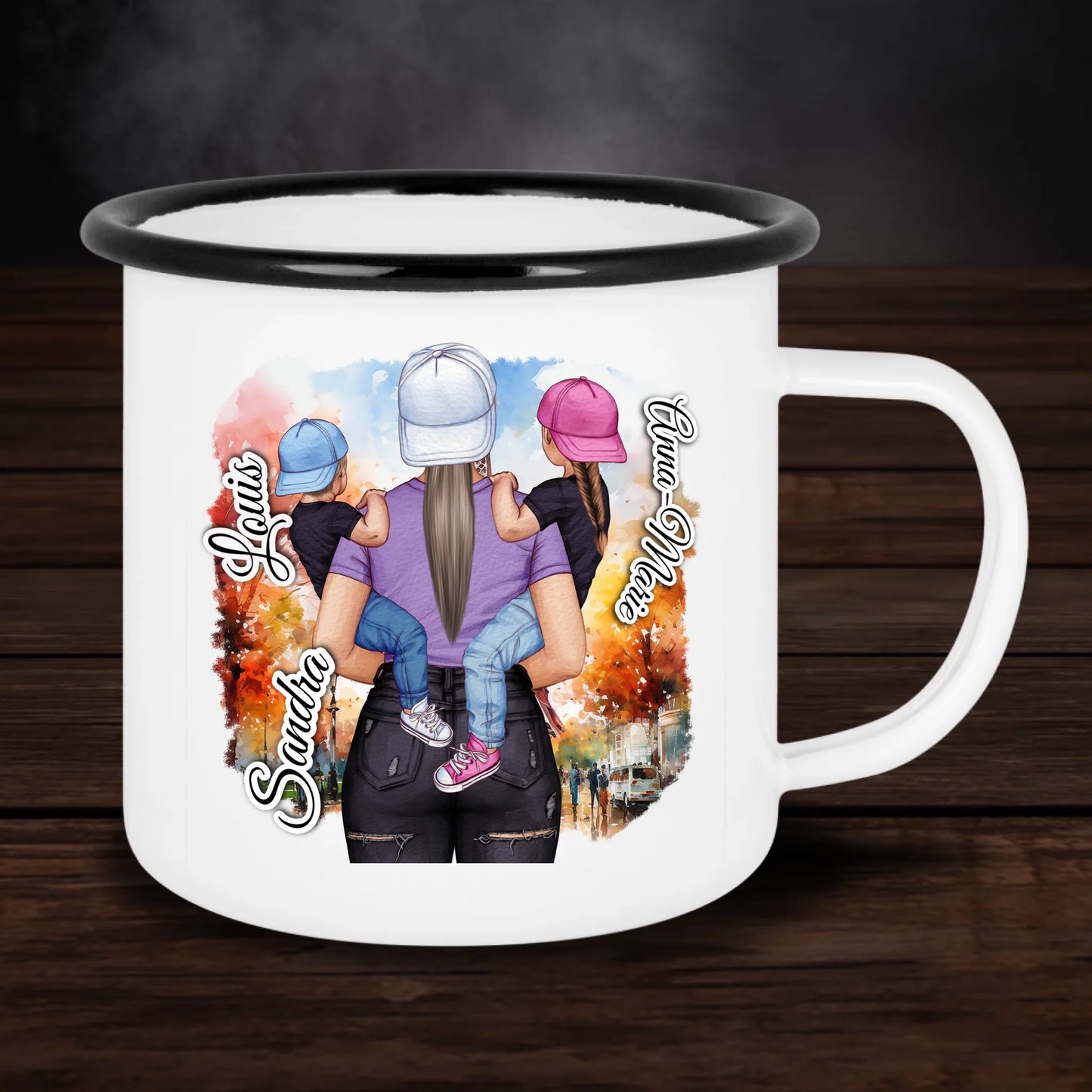 Personalisierte Emaille-Tasse - Super Mum - Doppelseitig bedruckt