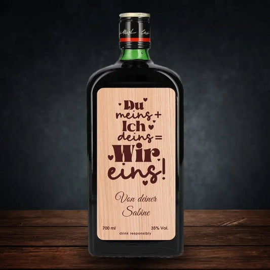 Jägermeister mit Holzetikett - Du + Ich = Wir - Customizer - drink4friends