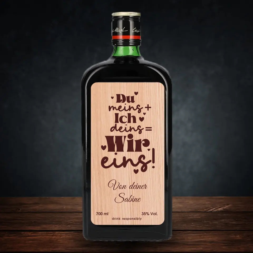 Jägermeister mit Holzetikett - Du + Ich = Wir