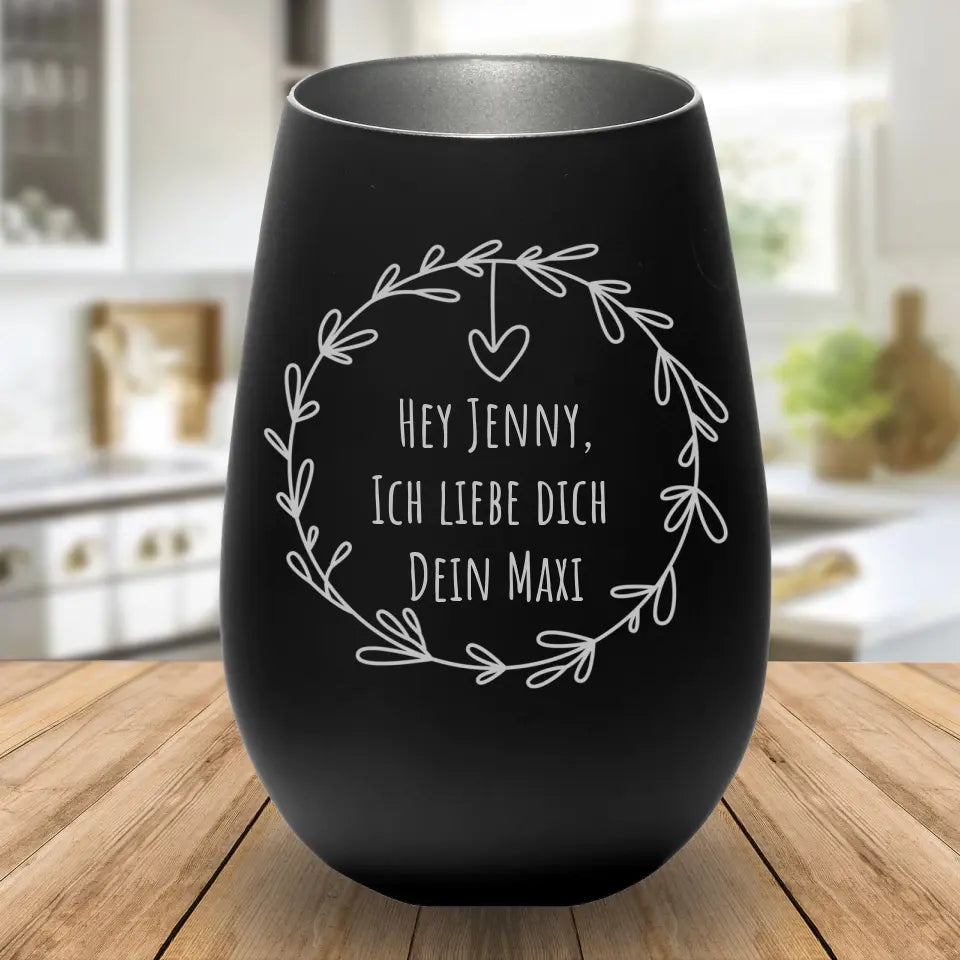 Windlicht - Kranz mit Herz und eigenem Text