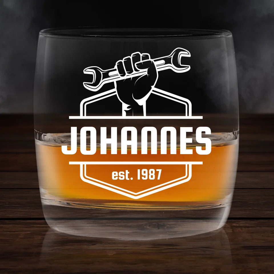 Graviertest Glas mit Hand, Schlüssel & Name