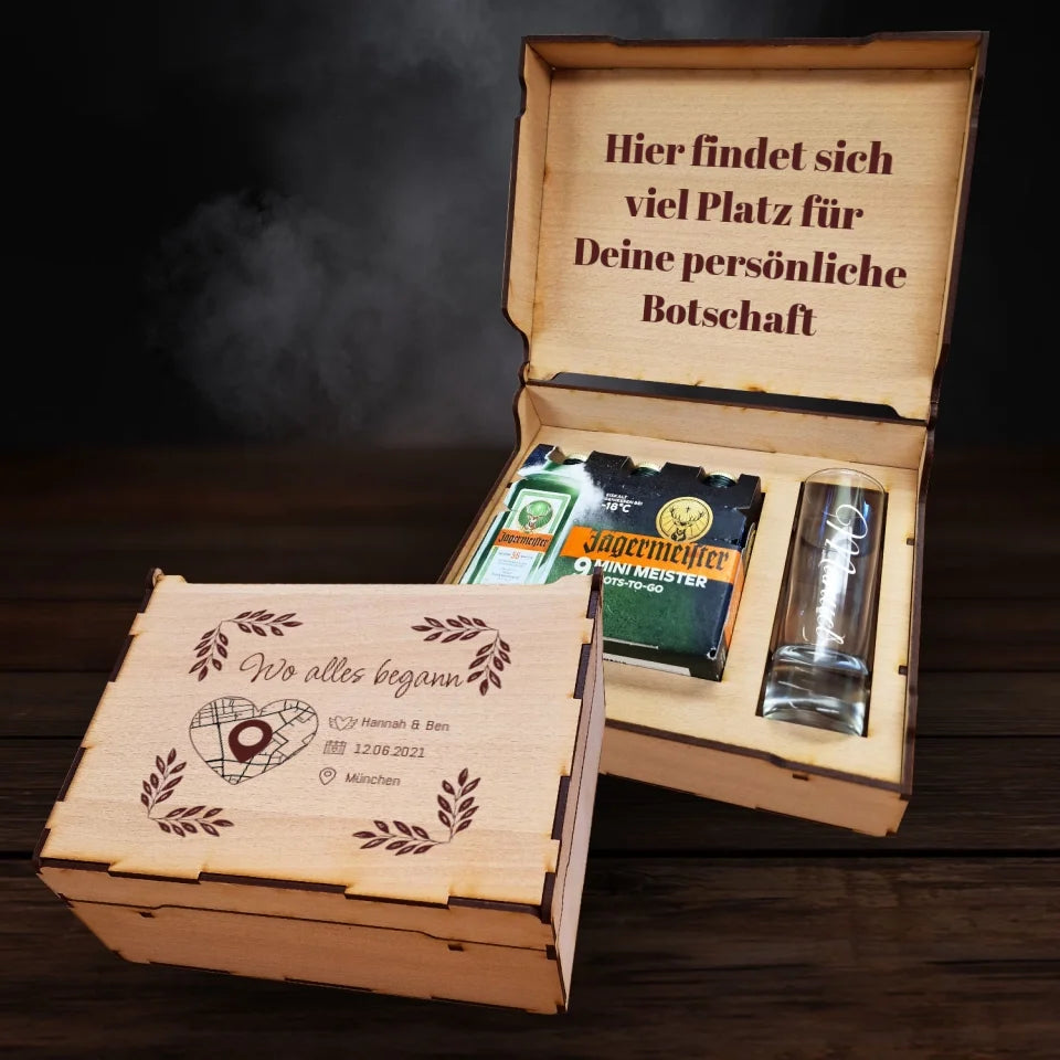 Jägermeister Geschenkbox - Wo alles begann mit Karte & Daten