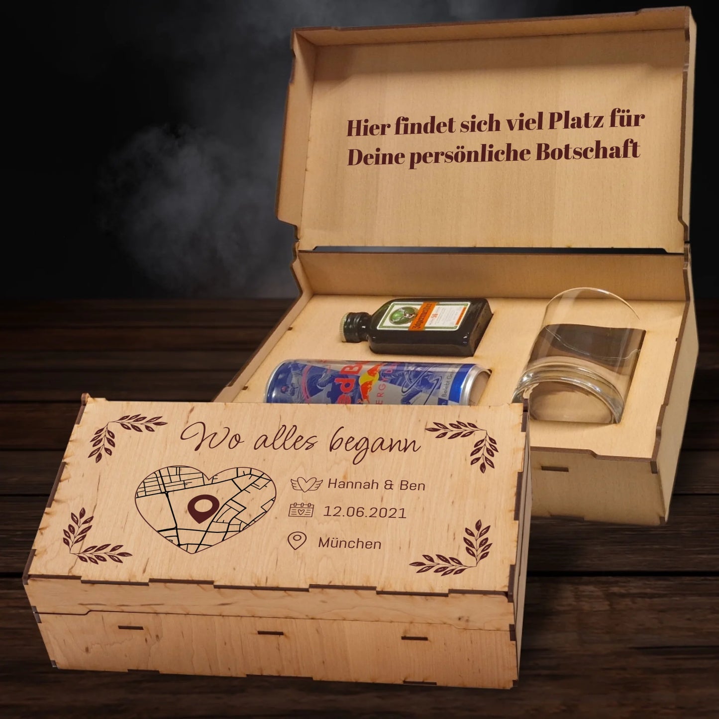 Jägermeister Geschenkbox - Wo alles begann mit Karte & Daten