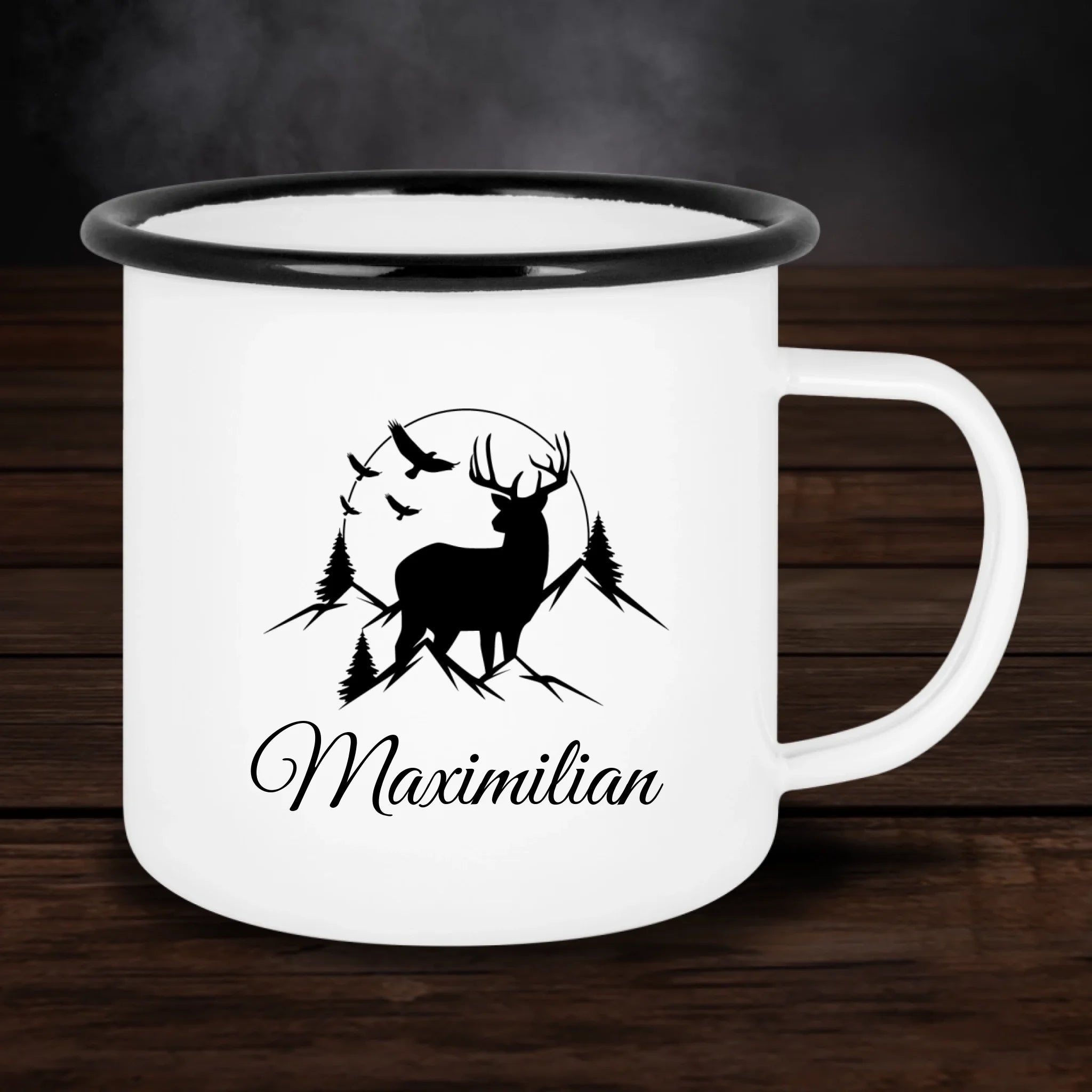 Personalisierte Emaille-Tasse mit Hirsch & Name