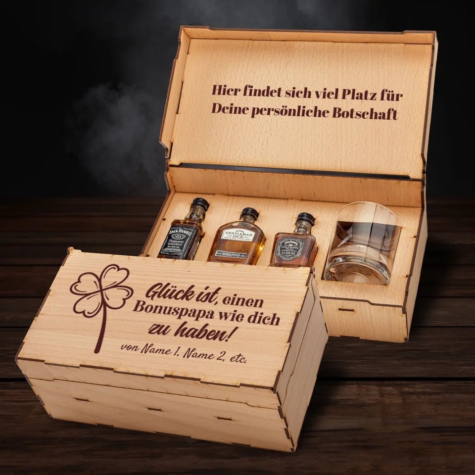 Jack Daniel´s Geschenkbox - Glück ist einen Bonuspapa wie dich zu haben - personalisierbar - Customizer - drink4friends