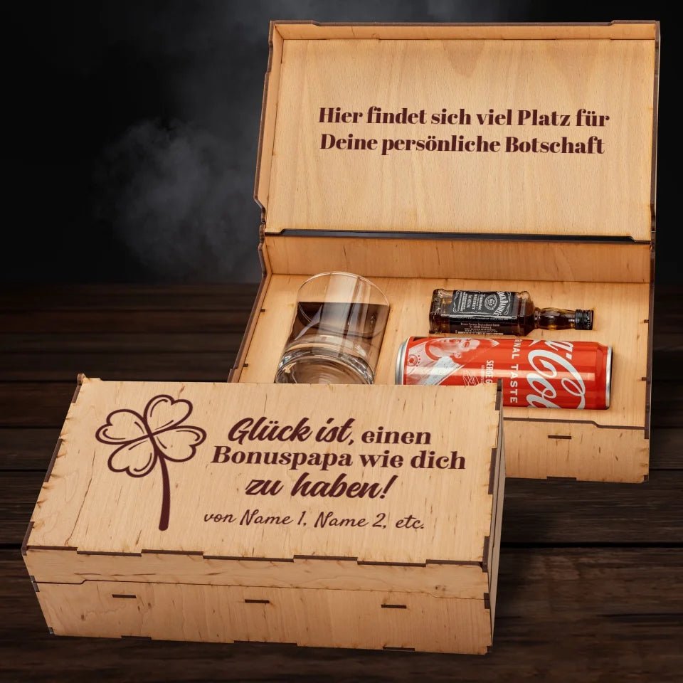 Jack Daniel´s Geschenkbox - Glück ist einen Bonuspapa wie dich zu haben - personalisierbar - Customizer - drink4friends