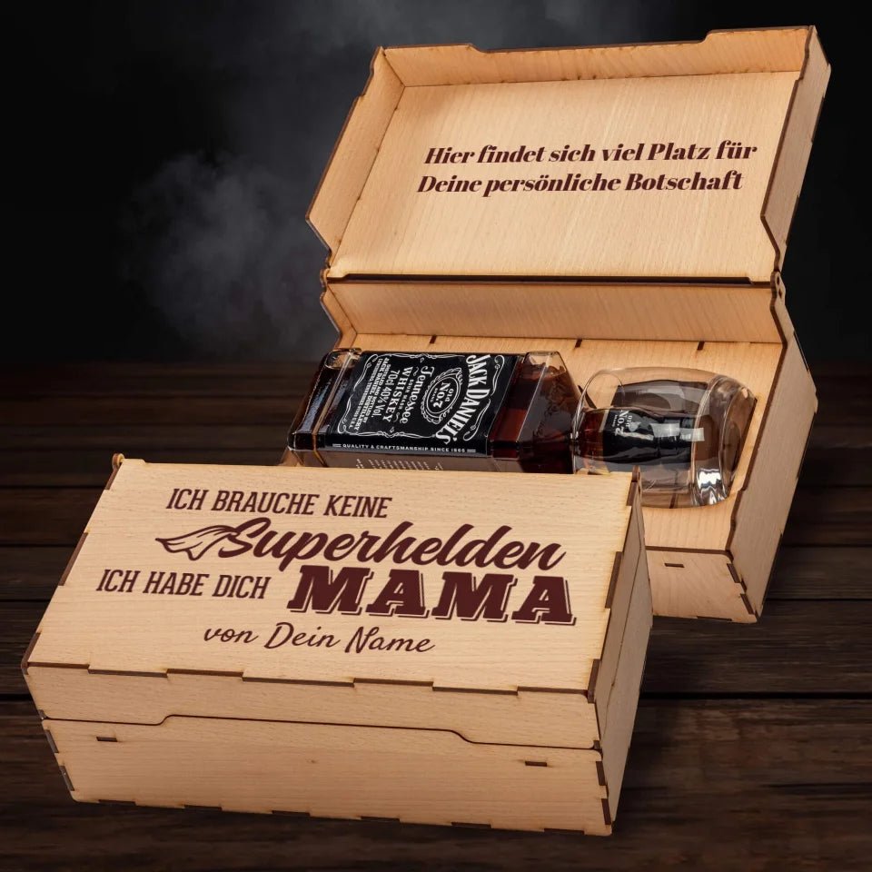 Jack Daniel´s Geschenkbox - Ich brauch keine Superhelden, ich habe dich Mama - Customizer - drink4friends