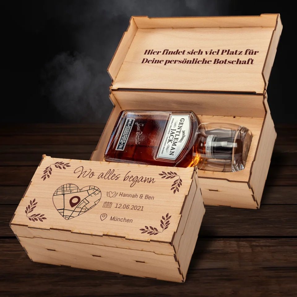 Jack Daniels Geschenkbox - Wo alles begann mit Karte & Daten - Personalisierbar - Customizer - drink4friends