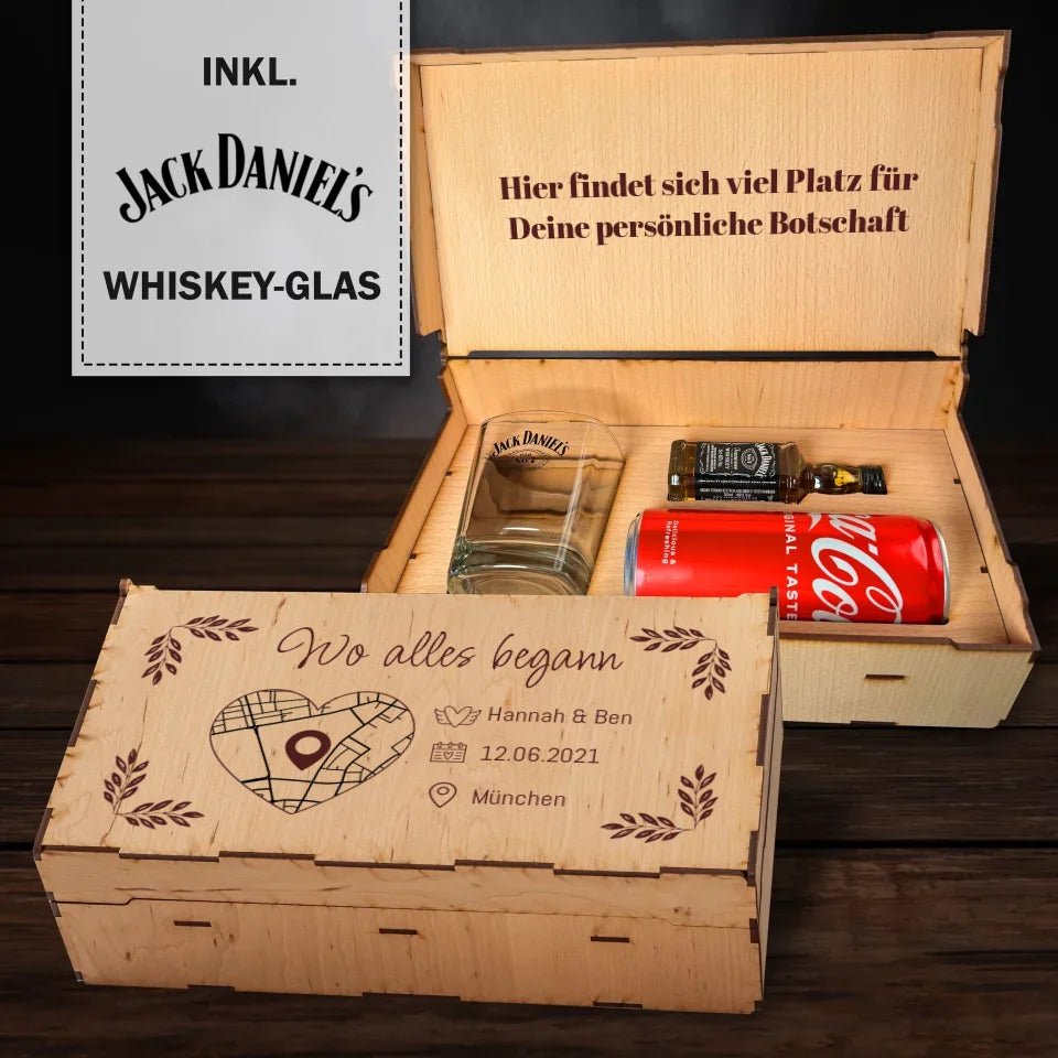 Jack Daniels Geschenkbox - Wo alles begann mit Karte & Daten - Personalisierbar - Customizer - drink4friends