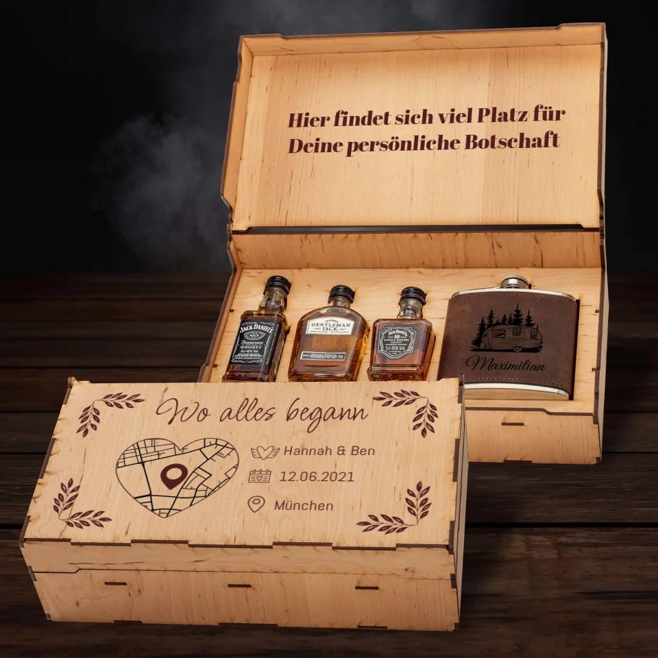 Jack Daniels Geschenkbox - Wo alles begann mit Karte & Daten - Personalisierbar - Customizer - drink4friends