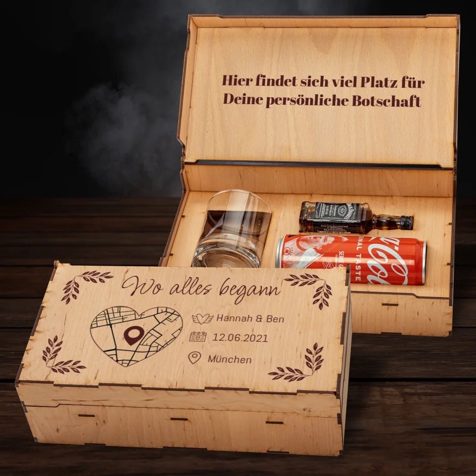 Jack Daniels Geschenkbox - Wo alles begann mit Karte & Daten - Personalisierbar - Customizer - drink4friends