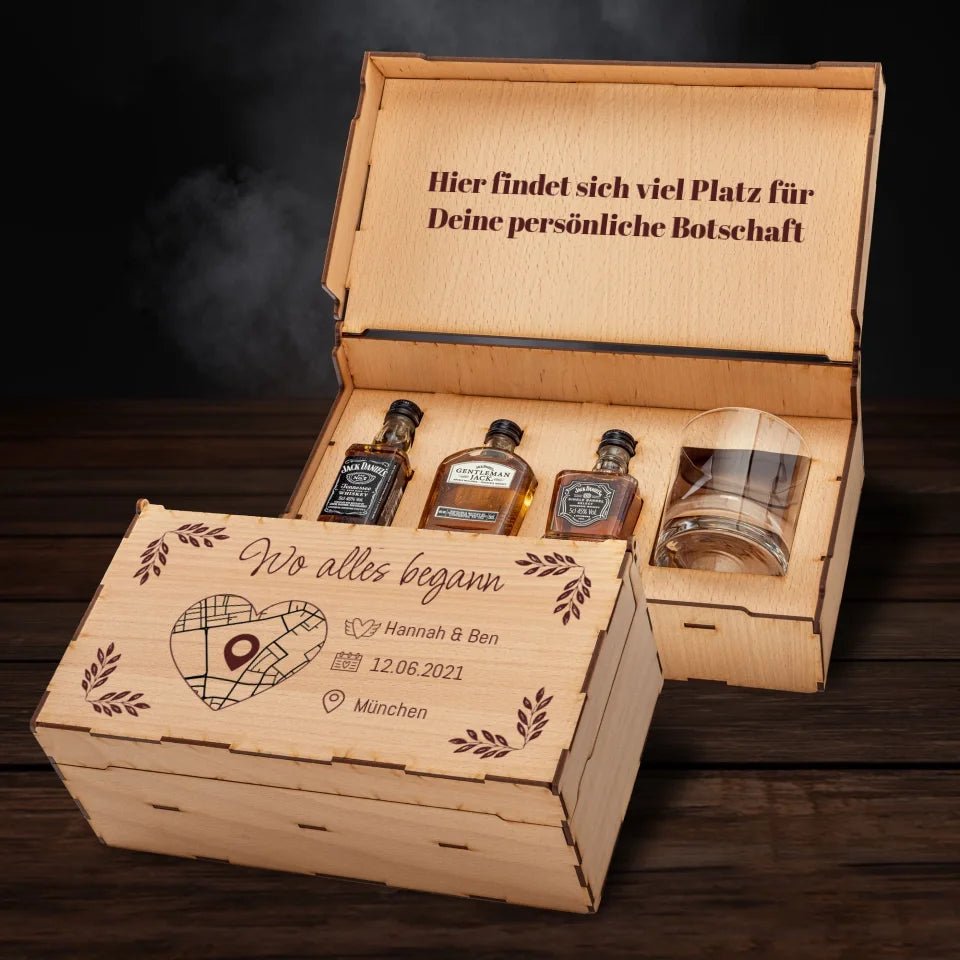 Jack Daniels Geschenkbox - Wo alles begann mit Karte & Daten - Personalisierbar - Customizer - drink4friends