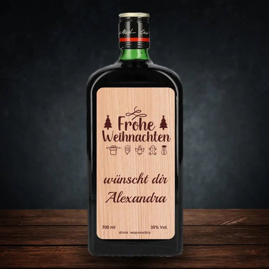 Jägermeister mit Holzetikett - Frohe Weihnachten 3 - Customizer - drink4friends