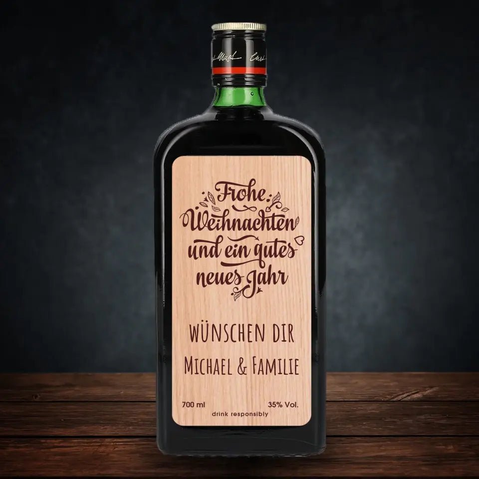 Jägermeister mit Holzetikett - Frohe Weihnachten Multilingual - Customizer - drink4friends