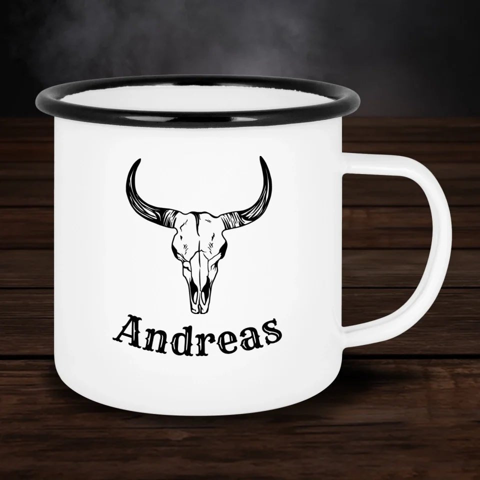 Personalisierte Emaille - Tasse mit Bullenschädel & Name - Customizer - drink4friends