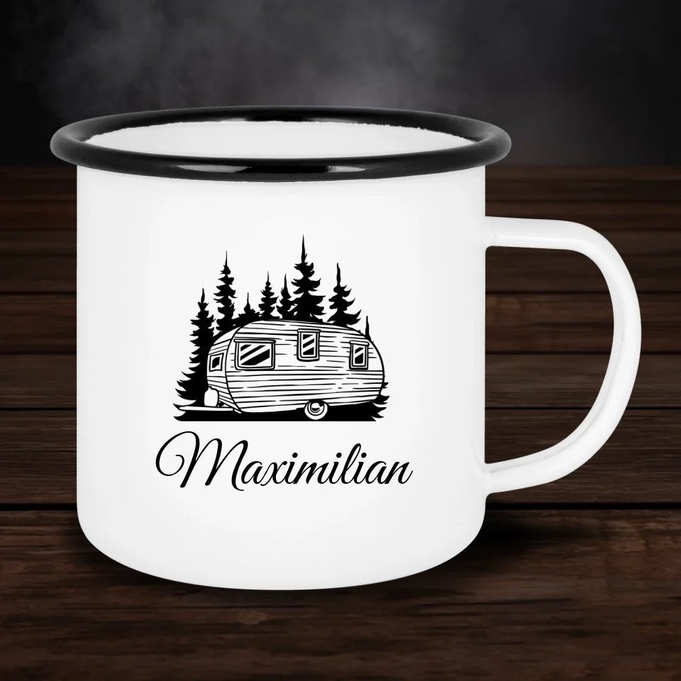 Personalisierte Emaille - Tasse mit Camper & Name - Customizer - drink4friends