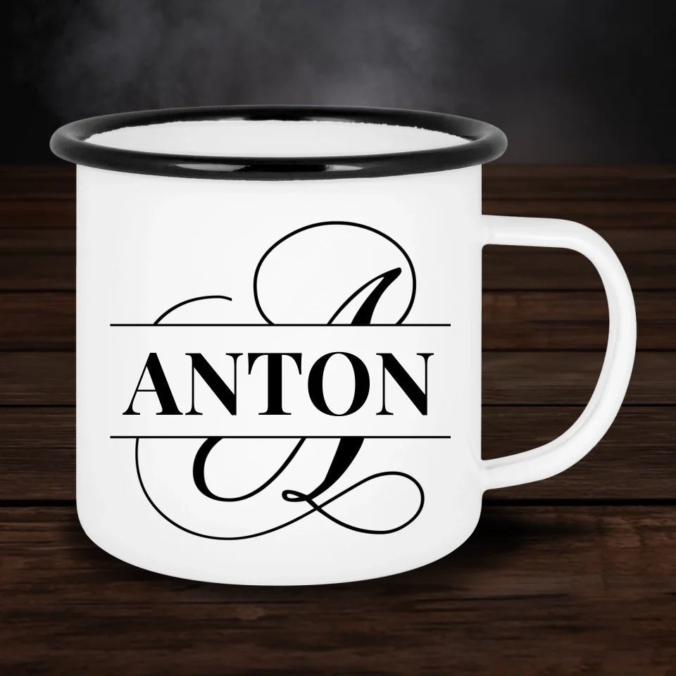 Personalisierte Emaille - Tasse mit Kalligrafie Buchstabe & Name - Customizer - drink4friends