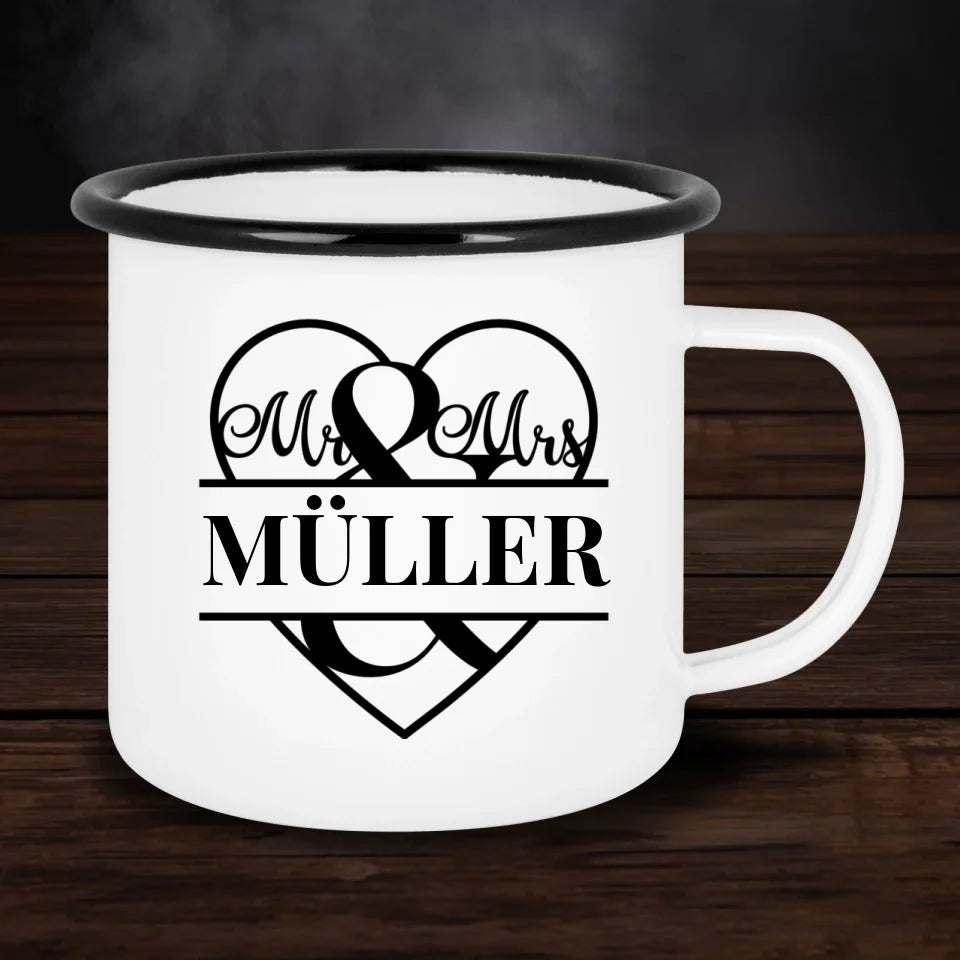 Personalisierte Emaille - Tasse mit Mr & Mrs und Name - Customizer - drink4friends