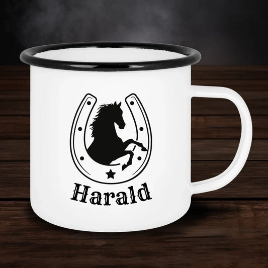 Personalisierte Emaille - Tasse mit Pferd, Hufeisen & Name - Customizer - drink4friends