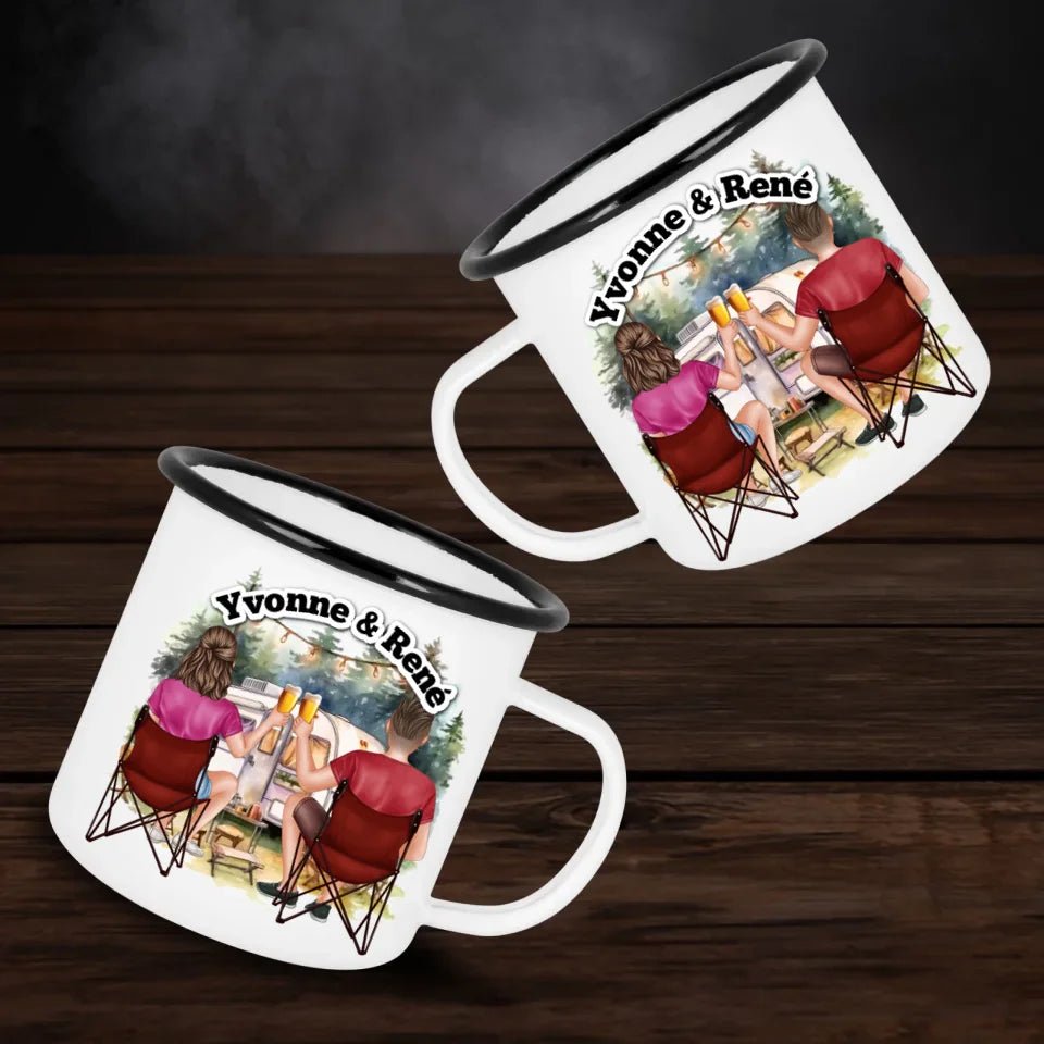 Personalisierte Emaille - Tasse Pärchen Camping - Customizer - drink4friends