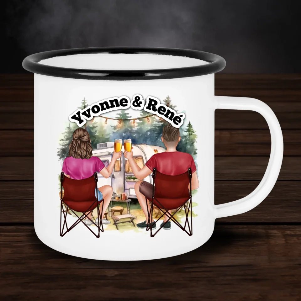 Personalisierte Emaille - Tasse Pärchen Camping - Customizer - drink4friends