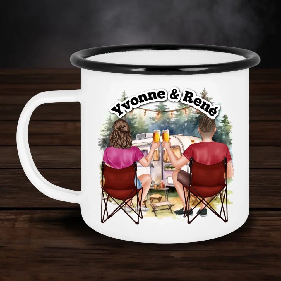 Personalisierte Emaille - Tasse Pärchen Camping - Customizer - drink4friends