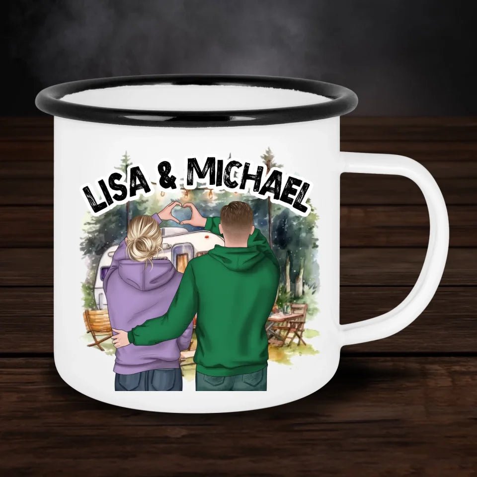 Personalisierte Emaille - Tasse Pärchen - Herzhände - beidseitig bedruckt - Customizer - drink4friends