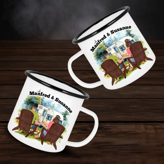 Personalisierte Emaille - Tasse Pärchen sitzend - beidseitig bedruckt - Customizer - drink4friends