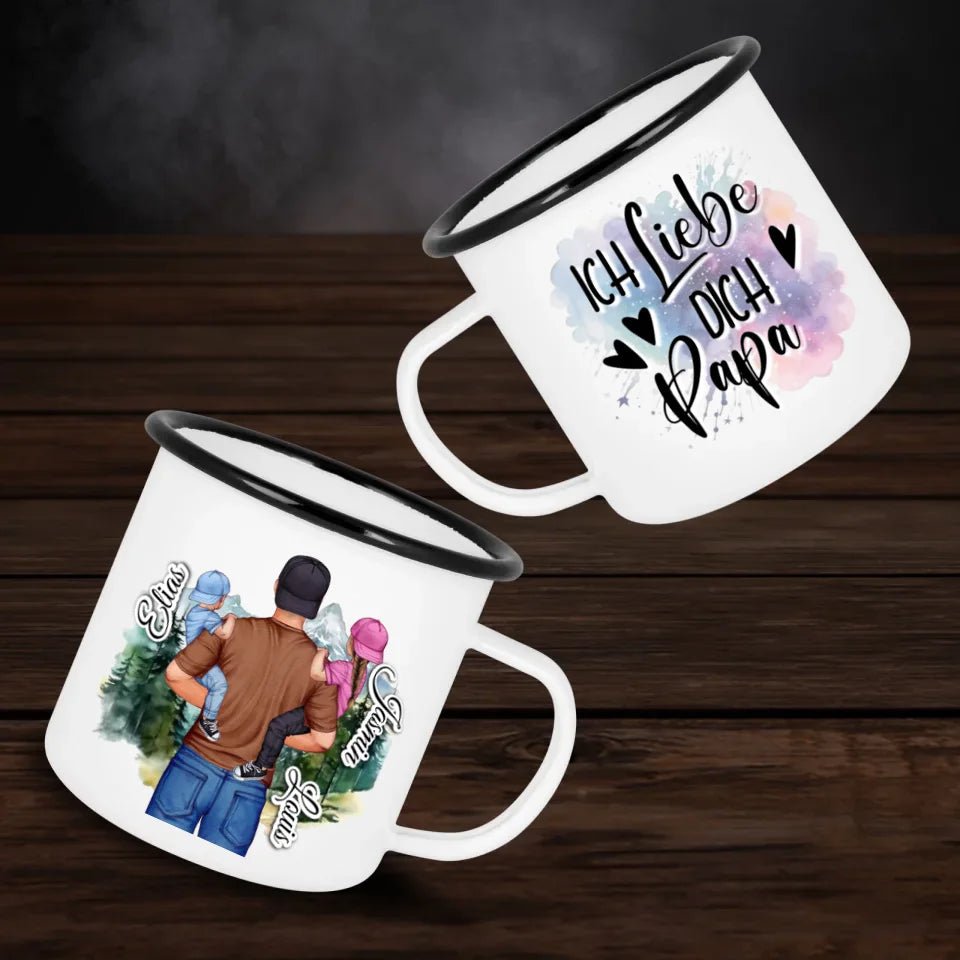 Personalisierte Emaille - Tasse Super Dad mit Zitat - Doppelseitig bedruckt - Customizer - drink4friends