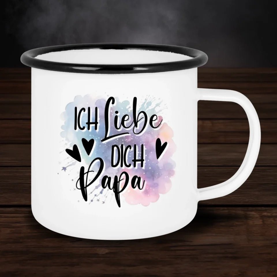 Personalisierte Emaille - Tasse Super Dad mit Zitat - Doppelseitig bedruckt - Customizer - drink4friends