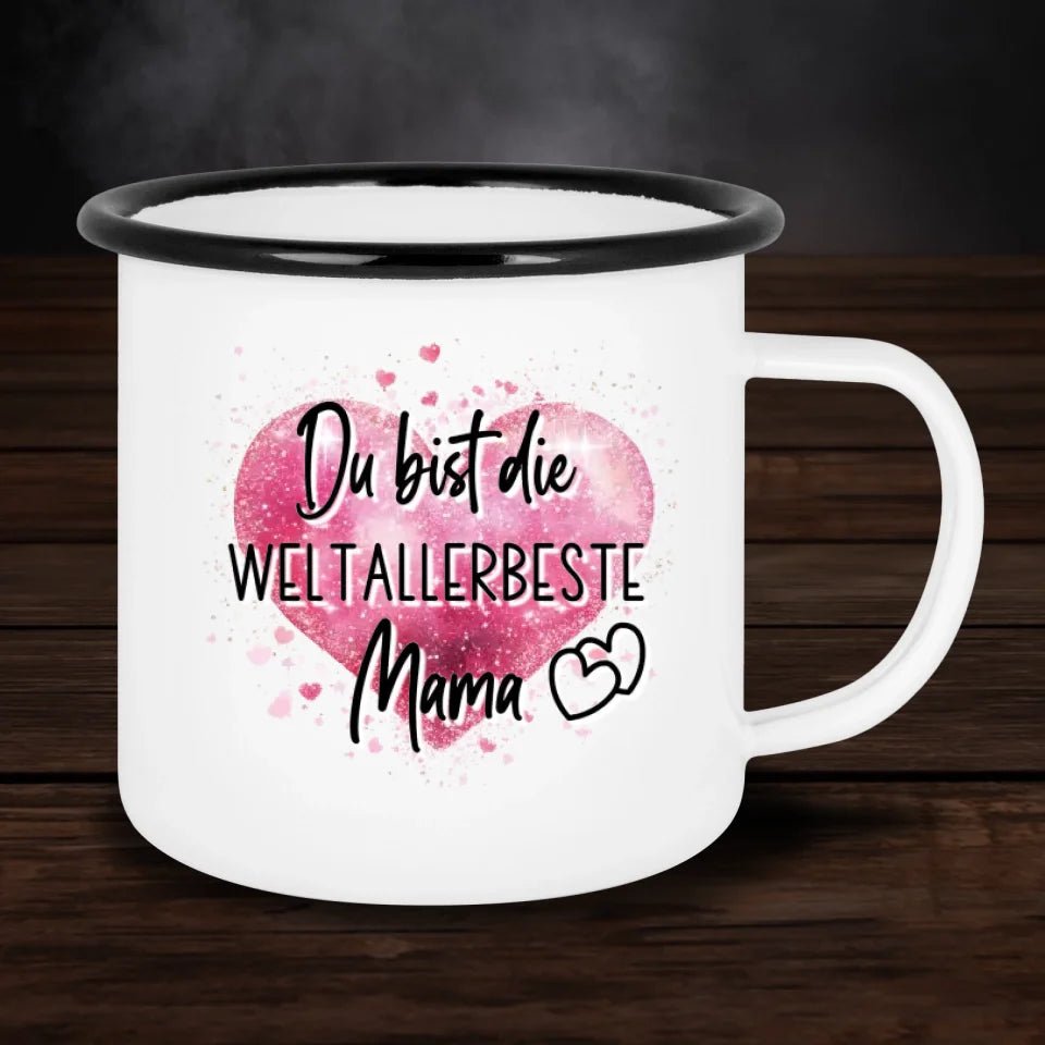 Personalisierte Emaille - Tasse - Super Mum mit Zitat - Doppelseitig bedruckt - Customizer - drink4friends