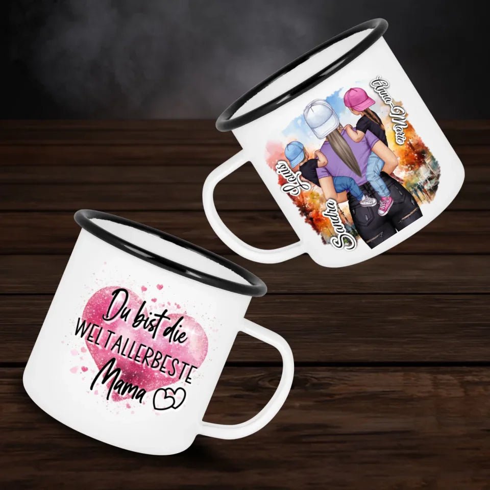 Personalisierte Emaille - Tasse - Super Mum mit Zitat - Doppelseitig bedruckt - Customizer - drink4friends