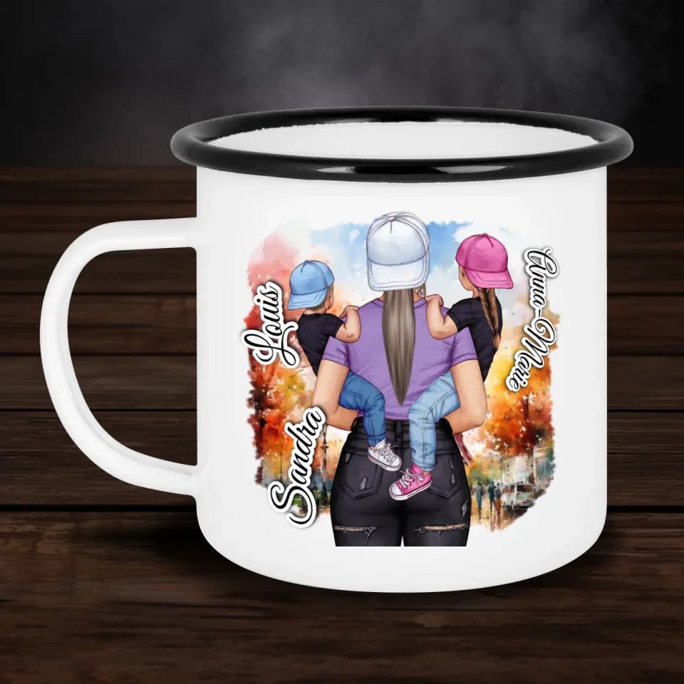 Personalisierte Emaille - Tasse - Super Mum mit Zitat - Doppelseitig bedruckt - Customizer - drink4friends