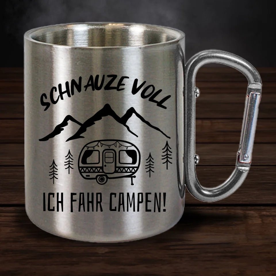 Personalisierte Karabiner Tasse - Geschenk für Camper - Schnauze voll, ich fahr campen - Customizer - drink4friends