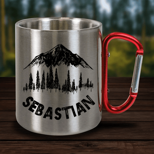 Personalisierte Karabiner Tasse - Geschenk für Camper, Wanderer, Naturliebhaber - Berglandschaft - Customizer - drink4friends